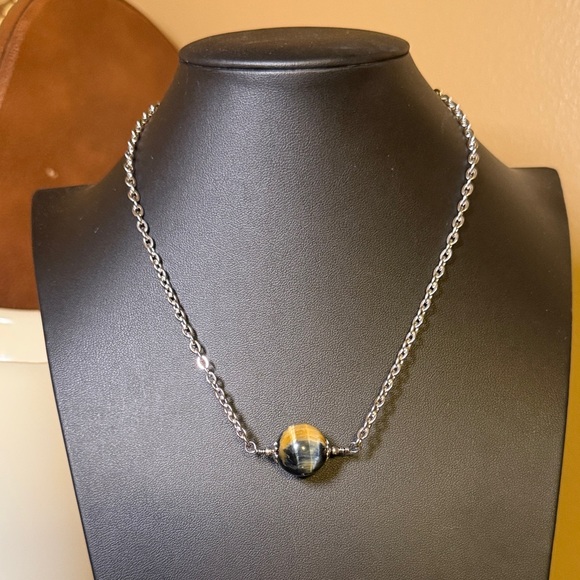 Blue Tigers Eye Stainless Steel Pendant Necklace Cable Chain 15 inch - Picture 3 of 4